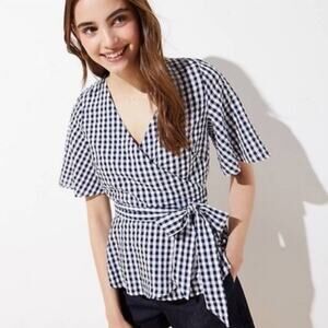 Loft Women XS Wrap Top 100% Cotton Black White Gingham Cottagecore Preppy French